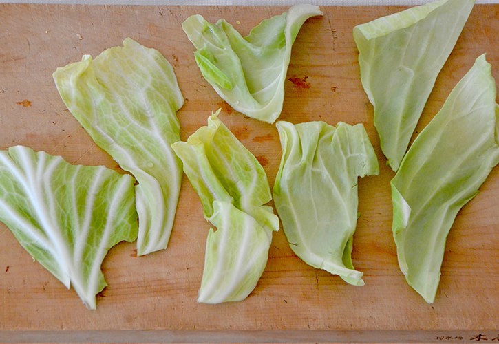 キャベツの葉脈の間を切る