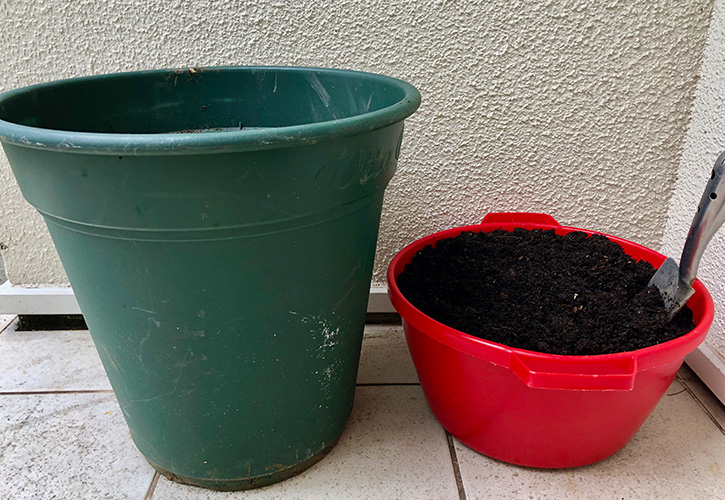 容器、土、シャベル